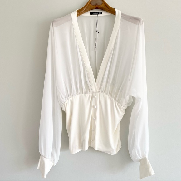 PattyBoutik Cream Sheer V-Neck Top Size Large NWT - Picture 1 of 5